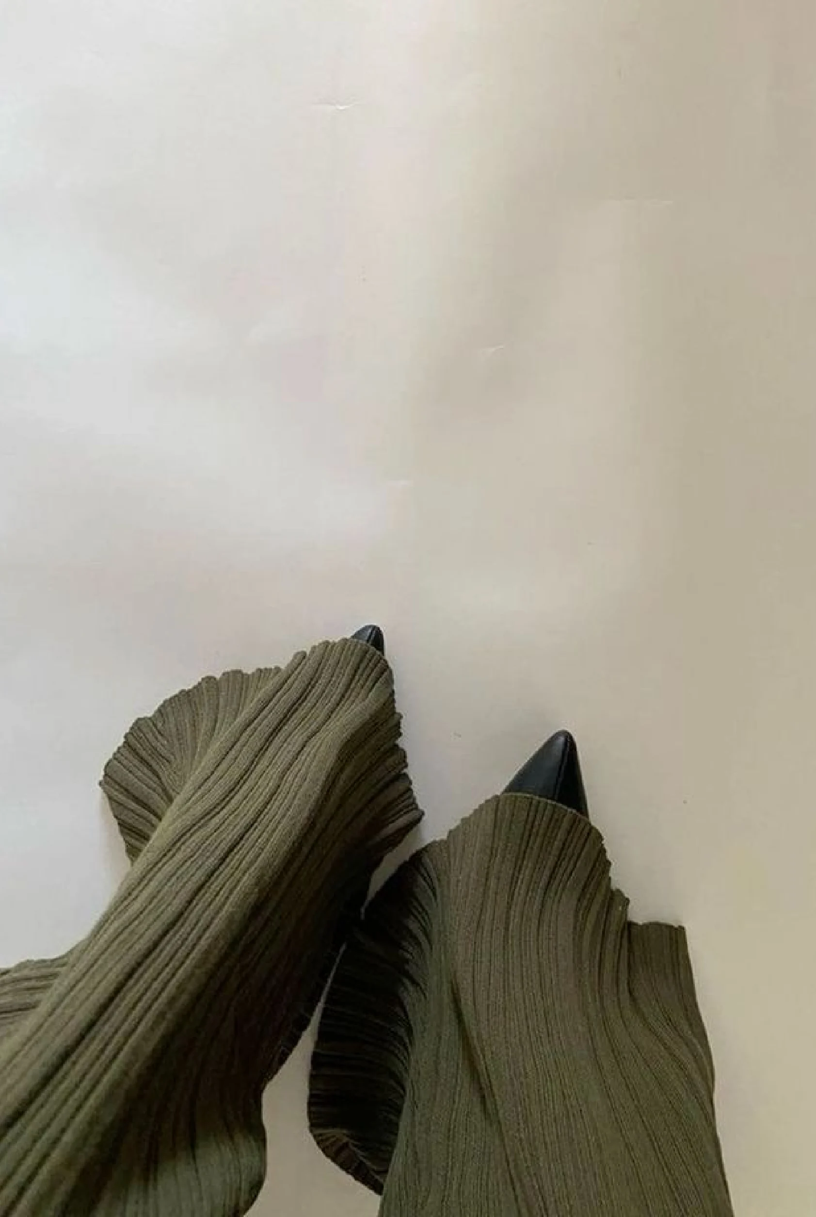 Pleated evergreen trousers and pointed shoes viewed from above.